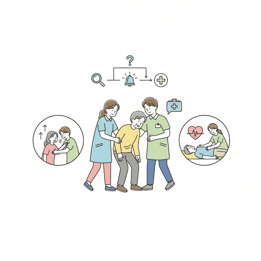 介護現場の緊急時対応|急変・転倒・誤嚥・窒息・意識消失への手順と通報・BCP連動