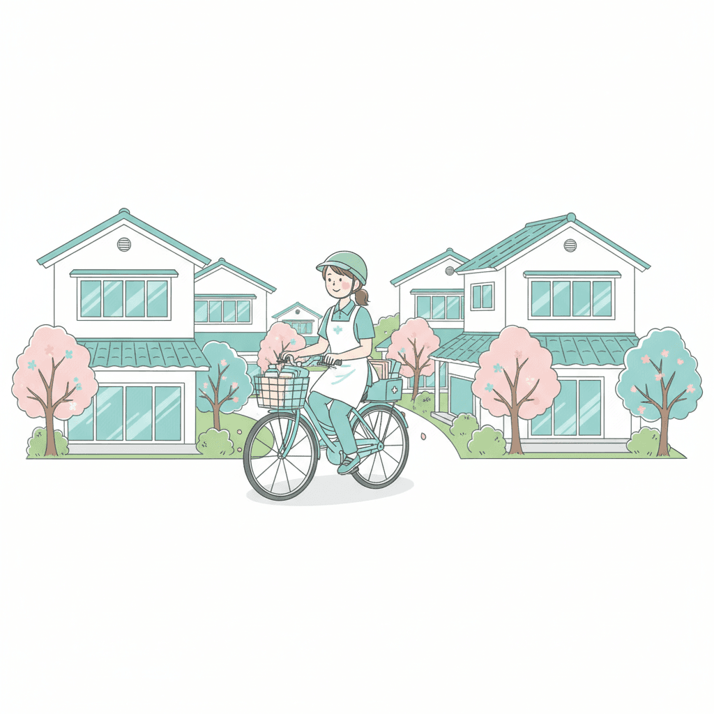 訪問介護員が自転車で利用者宅を訪問するイラスト