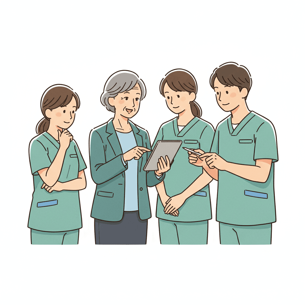 認定介護福祉士が介護チームをリードする様子のイラスト