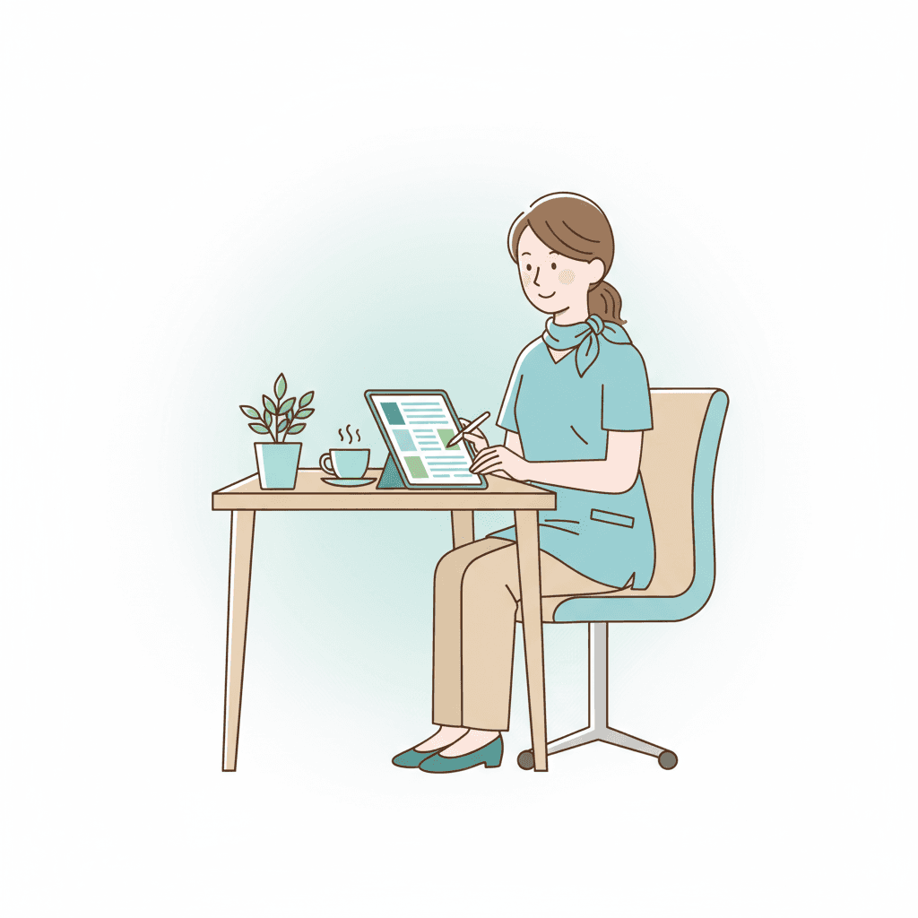 特養の施設ケアマネがケアプランを作成しているイラスト