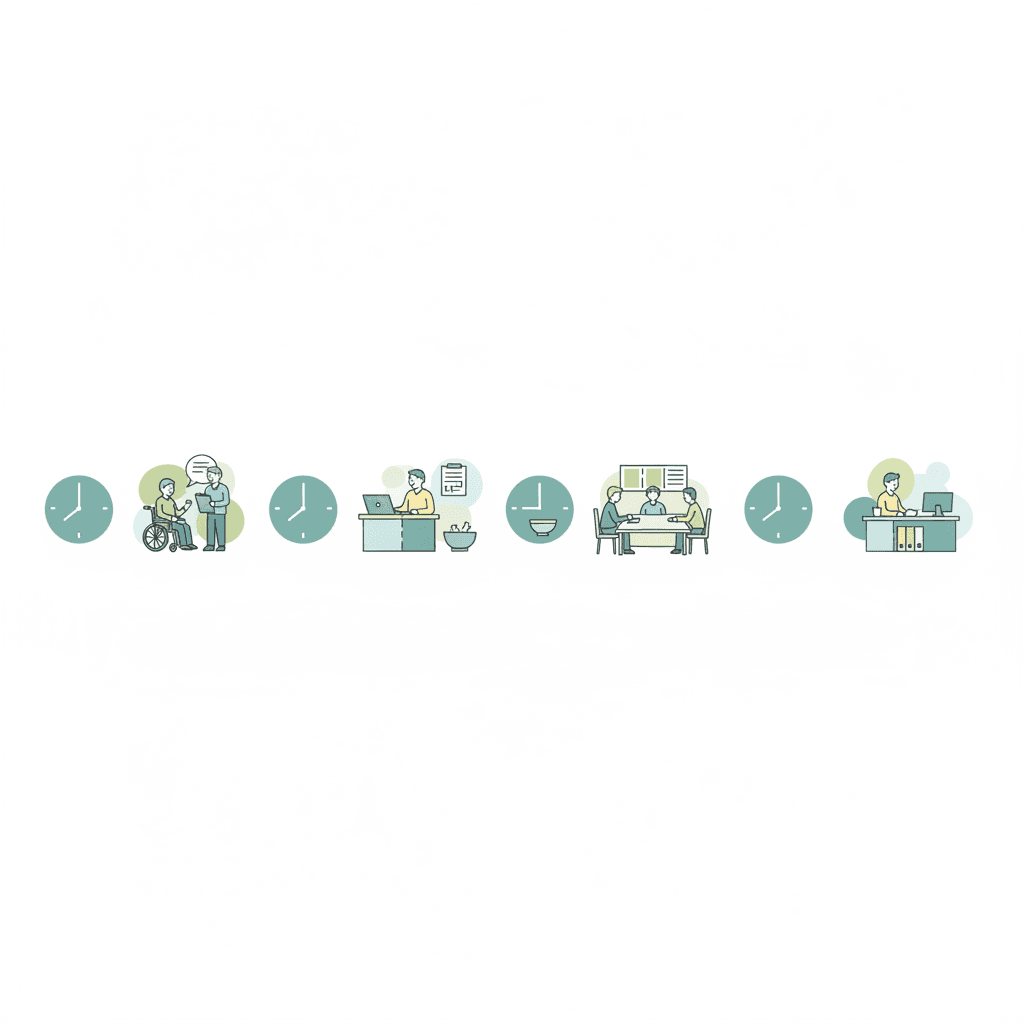 特養の施設ケアマネの1日の流れを示すイラスト