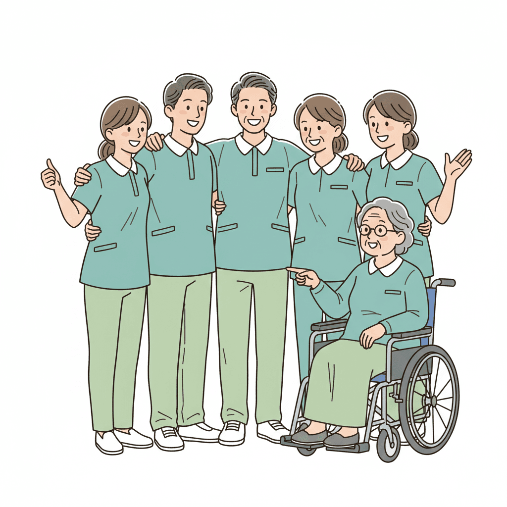 パート・派遣・正社員が一緒に働く介護現場のイラスト