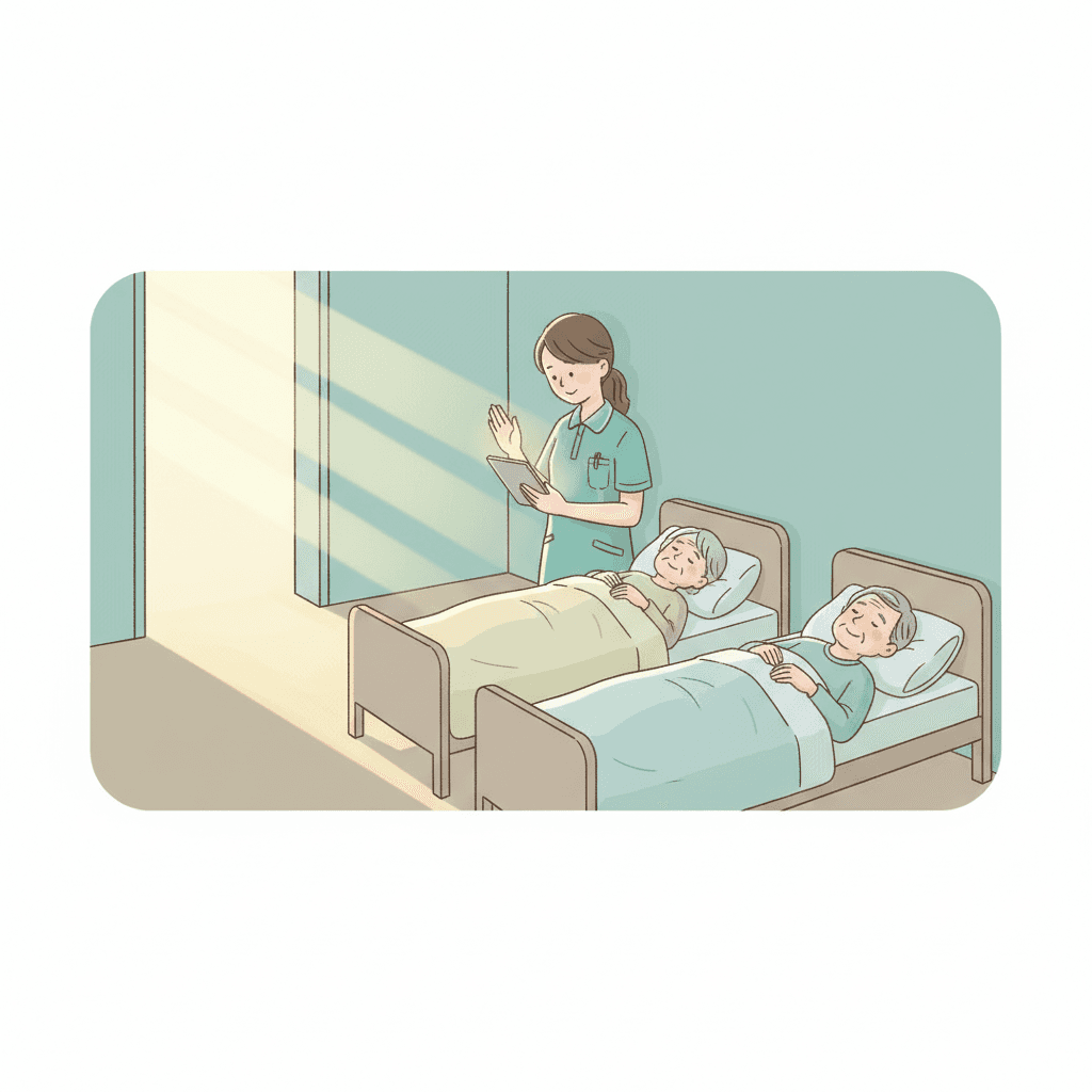 特養で夜勤をする介護職員のイラスト