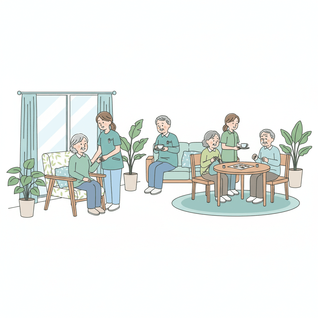 グループホームの家庭的な介護環境イラスト