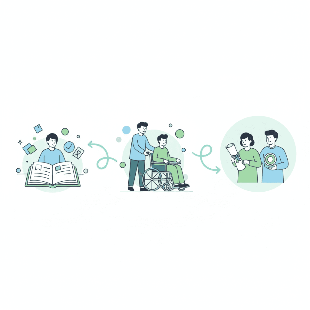 サービス介助士の資格取得の流れを示すイラスト