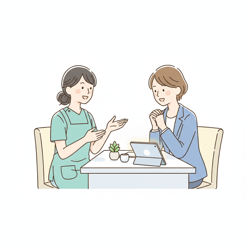 上司に人間関係の悩みを相談する介護職員のイメージイラスト