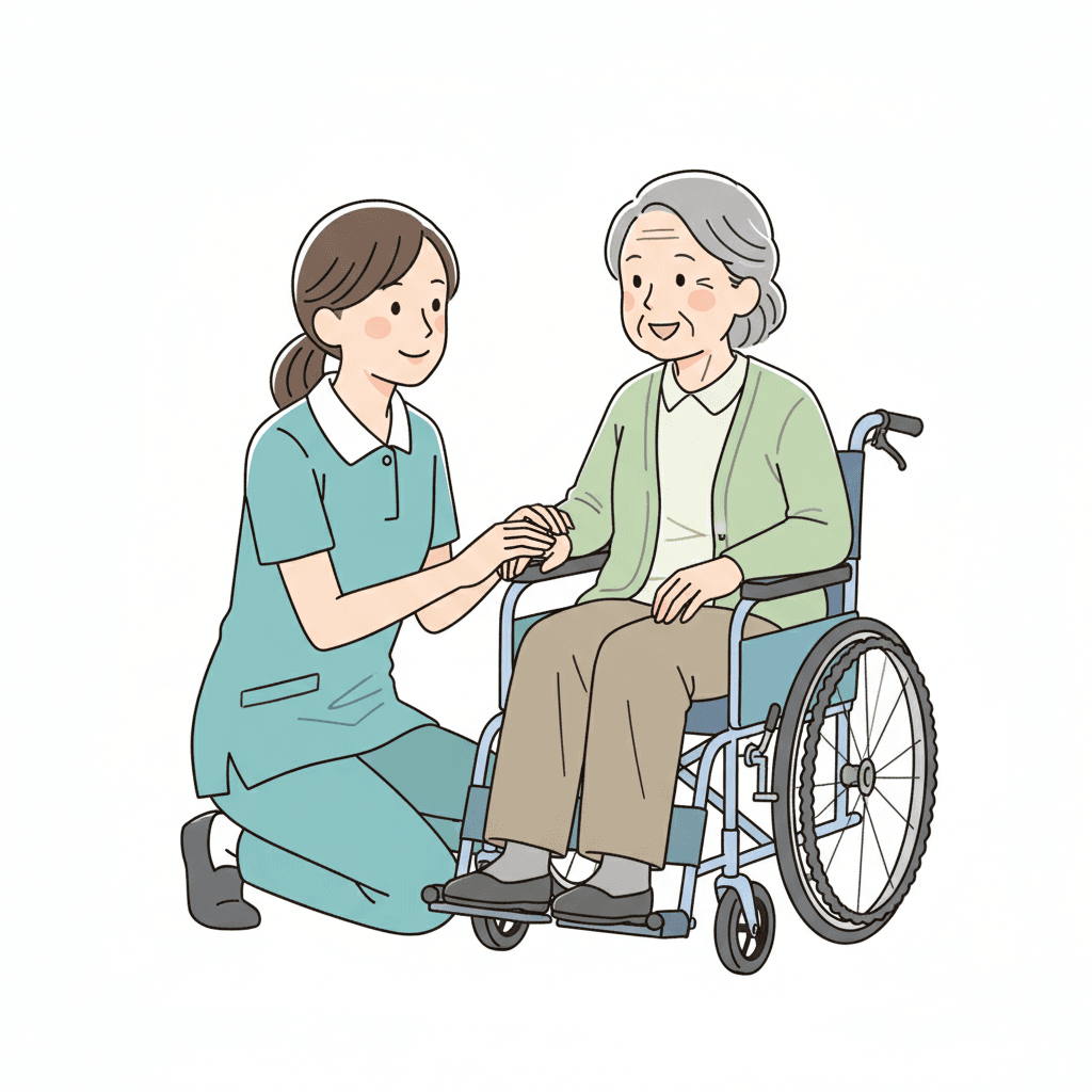 認知症の方と目線を合わせてコミュニケーションを取る介護職員のイメージイラスト