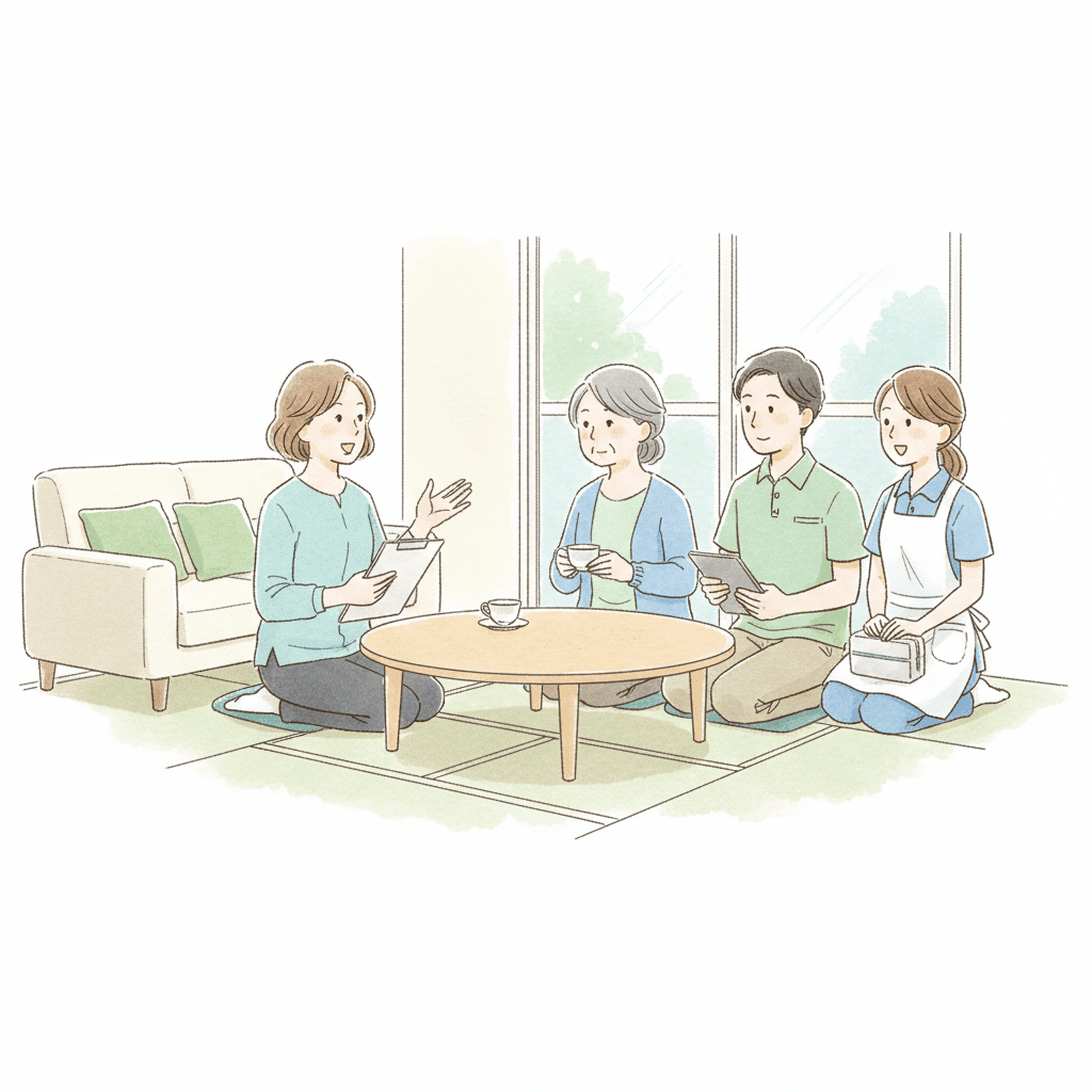 サービス担当者会議で利用者・家族・サ責・ケアマネが集まっている様子のイラスト