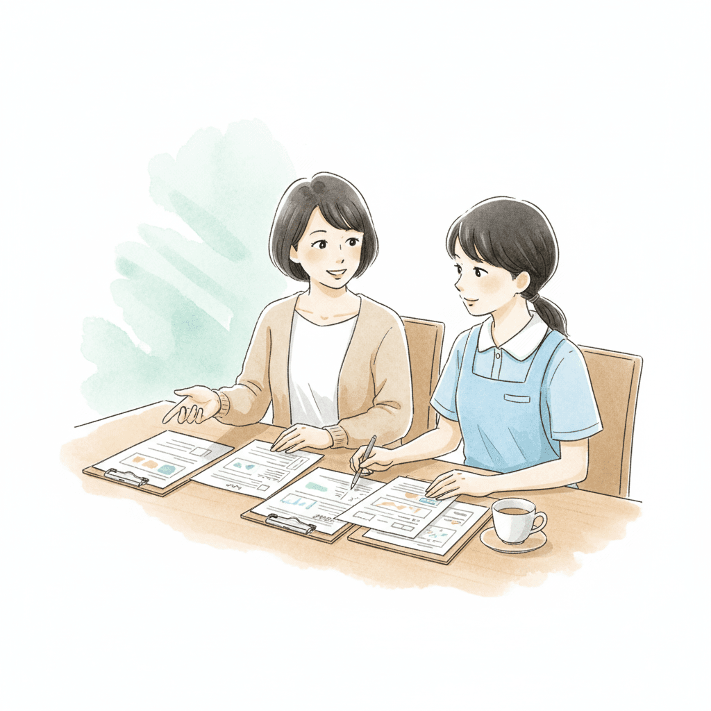 居宅ケアマネと訪問介護サ責が利用者宅でケアプランを確認している様子のイラスト