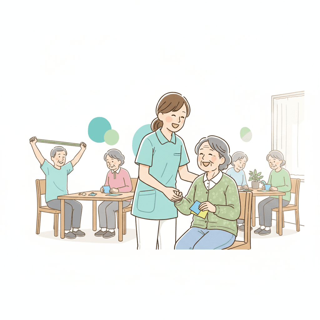 デイサービスで利用者をサポートする介護職員のイラスト