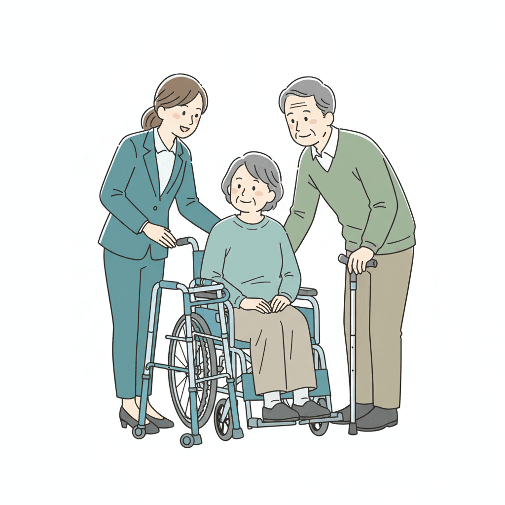 福祉用具専門相談員が高齢者に車いすを説明するイメージイラスト