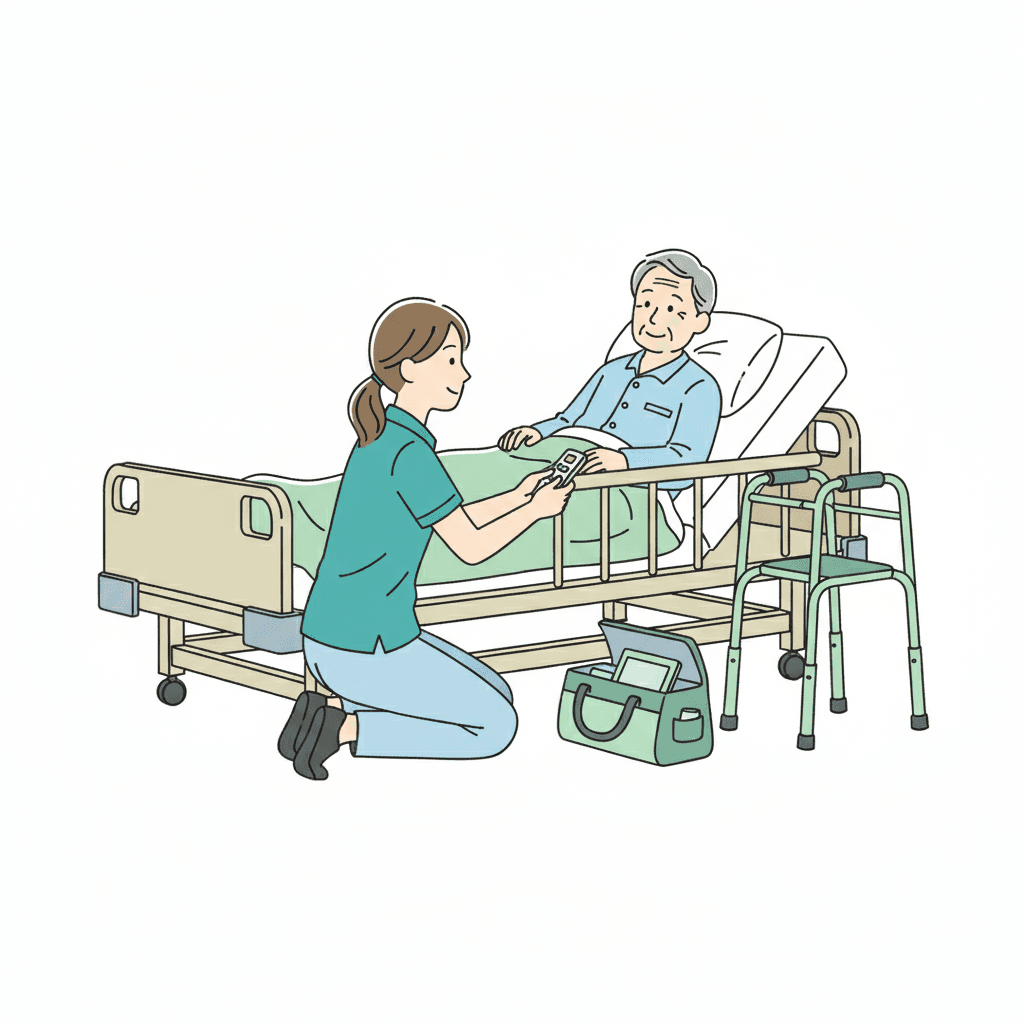 福祉用具専門相談員が利用者宅で福祉用具を調整するイメージイラスト