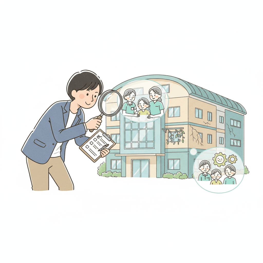 転職先の介護施設の経営安定性をチェックするイメージイラスト