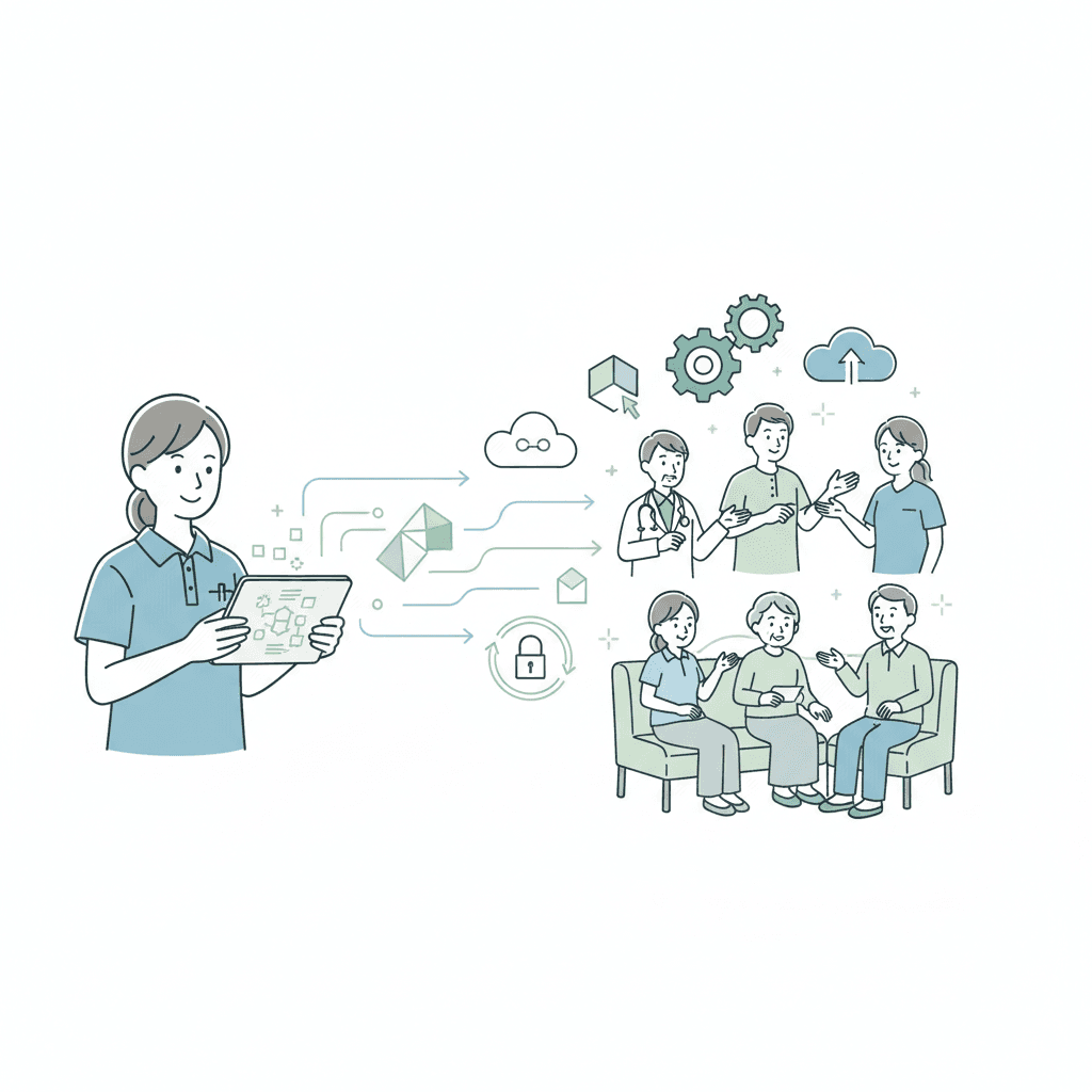 介護情報基盤による変更点を表すイラスト。タブレットで情報共有する介護職員たち