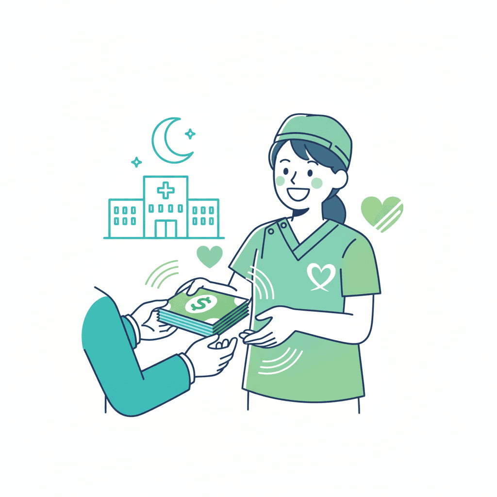 夜勤専従の処遇改善加算による収入アップのイメージイラスト