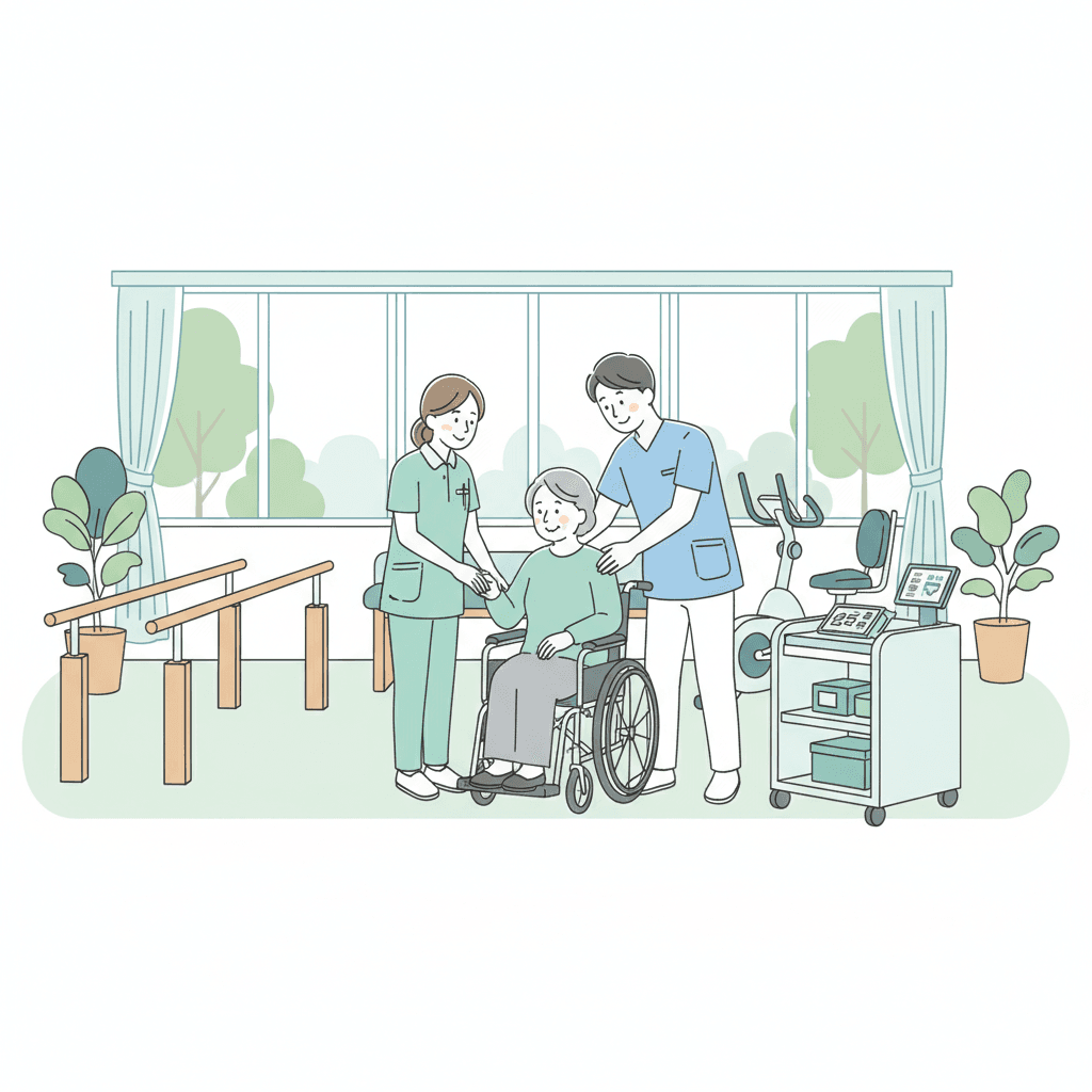 老健施設で看護師と介護職員が連携するイラスト