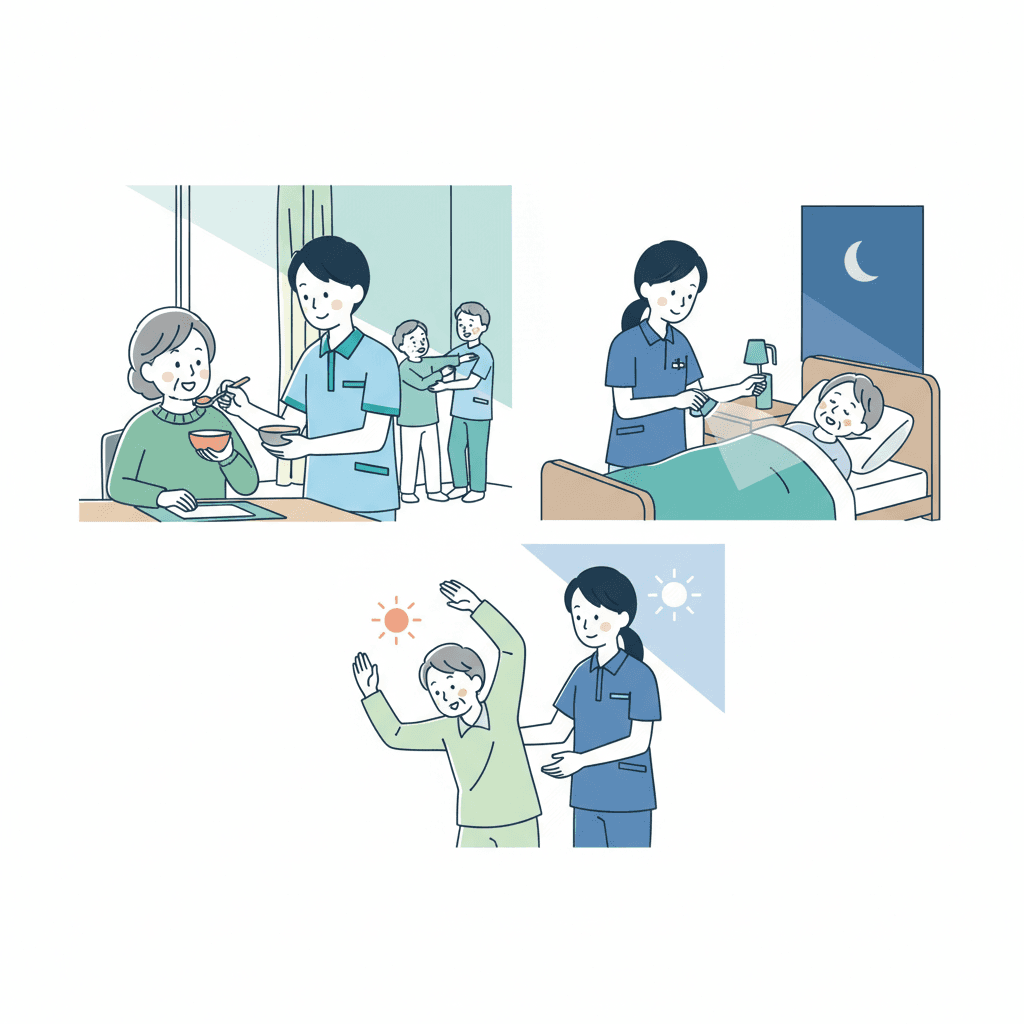 老健介護職員の1日の流れイラスト