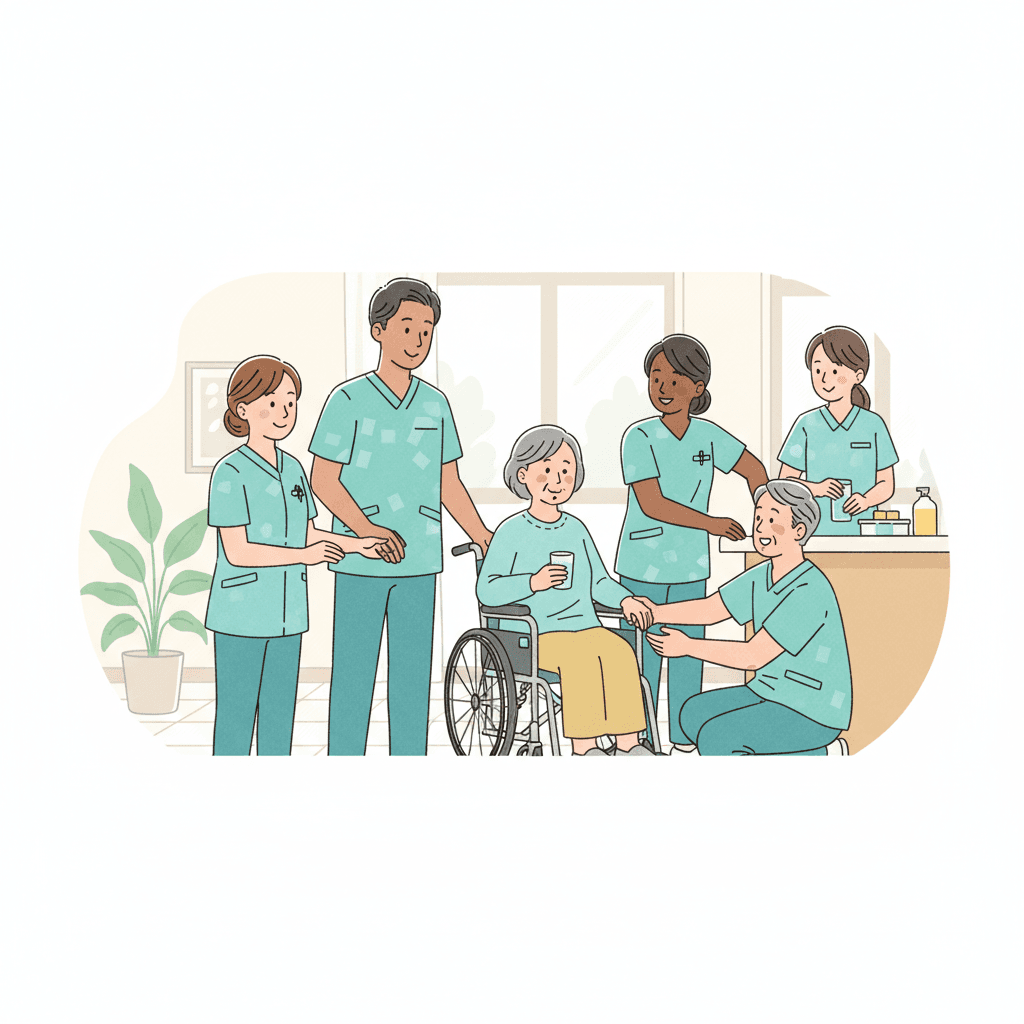 日本人と外国人の介護職員がチームで協働するイメージイラスト