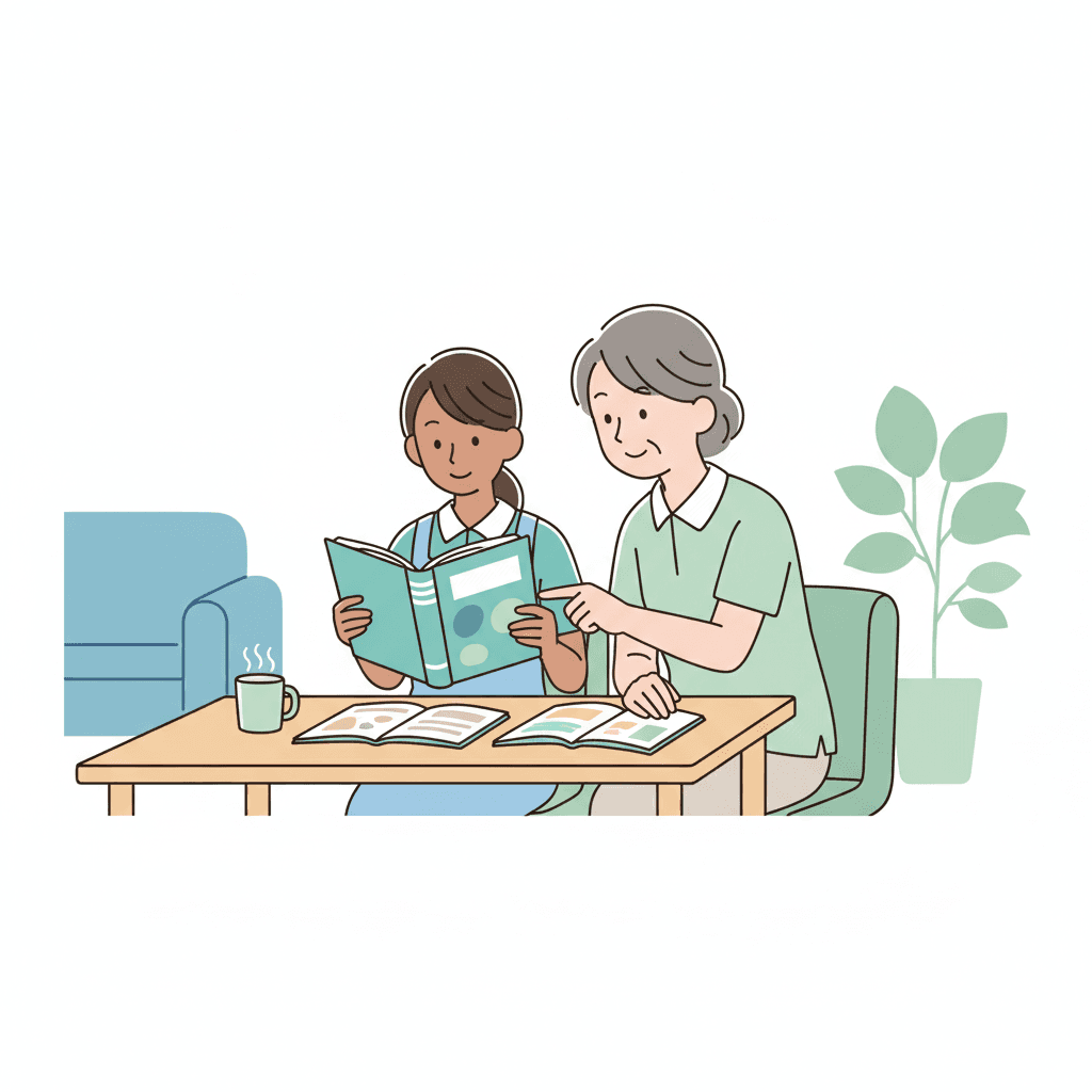 外国人介護士の日本語学習を支援する日本人先輩のイメージイラスト