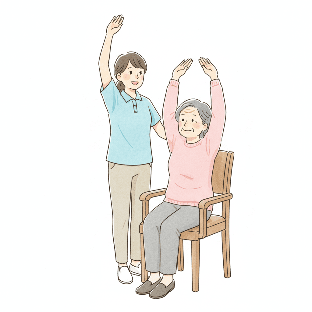 デイサービスで機能訓練指導員が高齢者にリハビリを行うイラスト