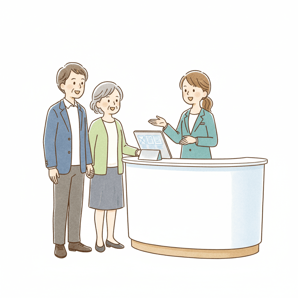 デイサービスで生活相談員が利用者と家族に説明するイラスト