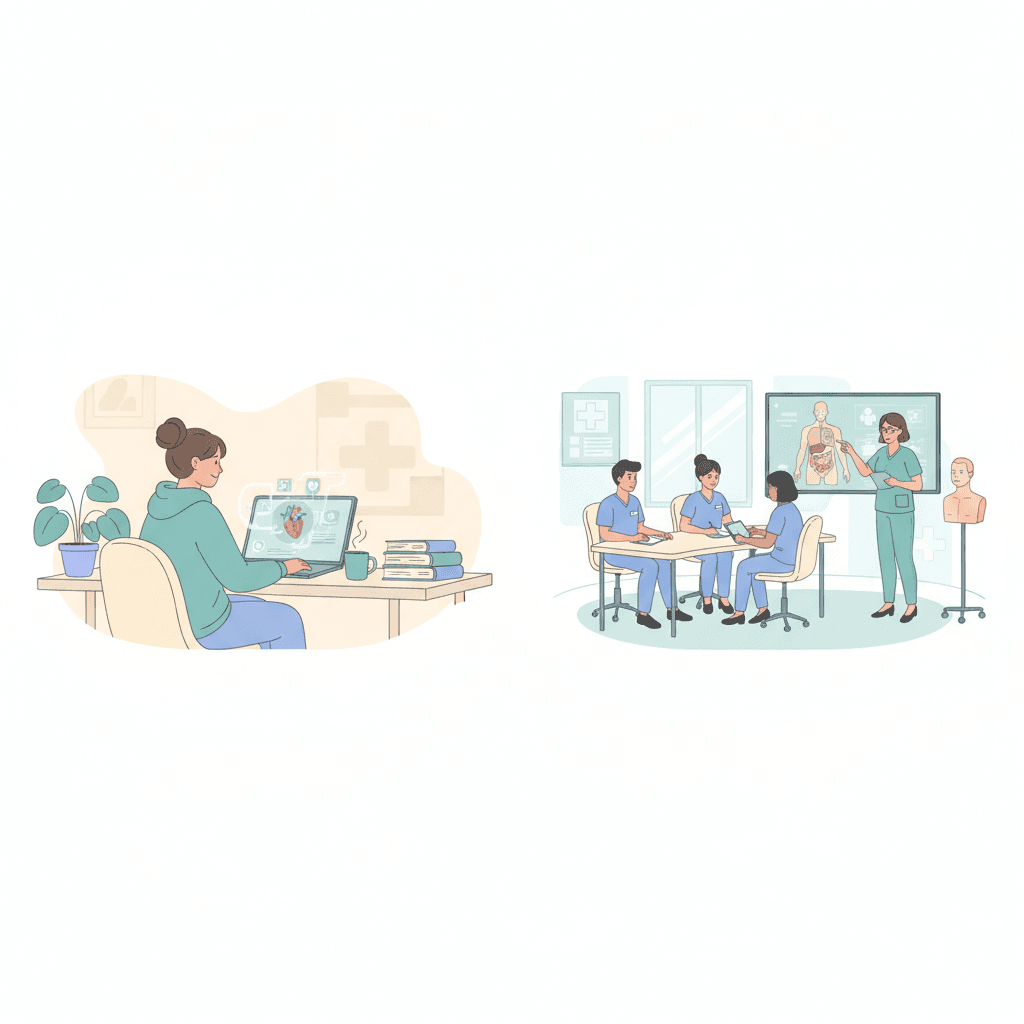 通信と通学の比較イラスト