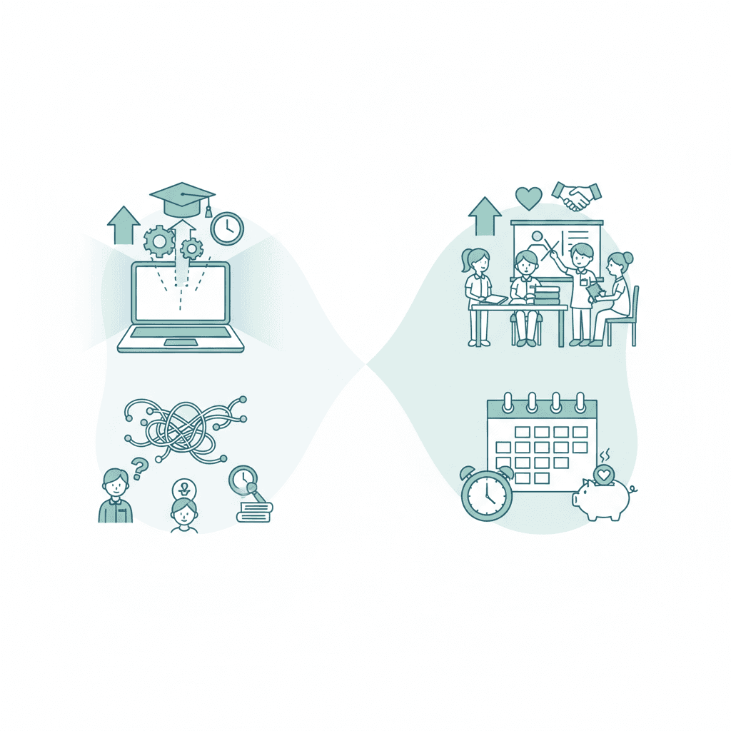 通信・通学それぞれのメリット・デメリットのイラスト