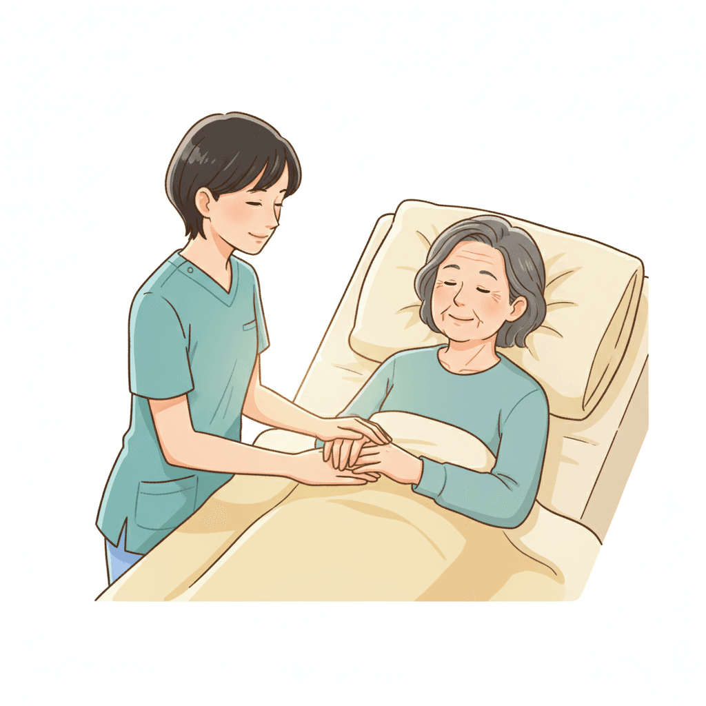 終末期ケア専門士が穏やかに高齢者に寄り添うイラスト