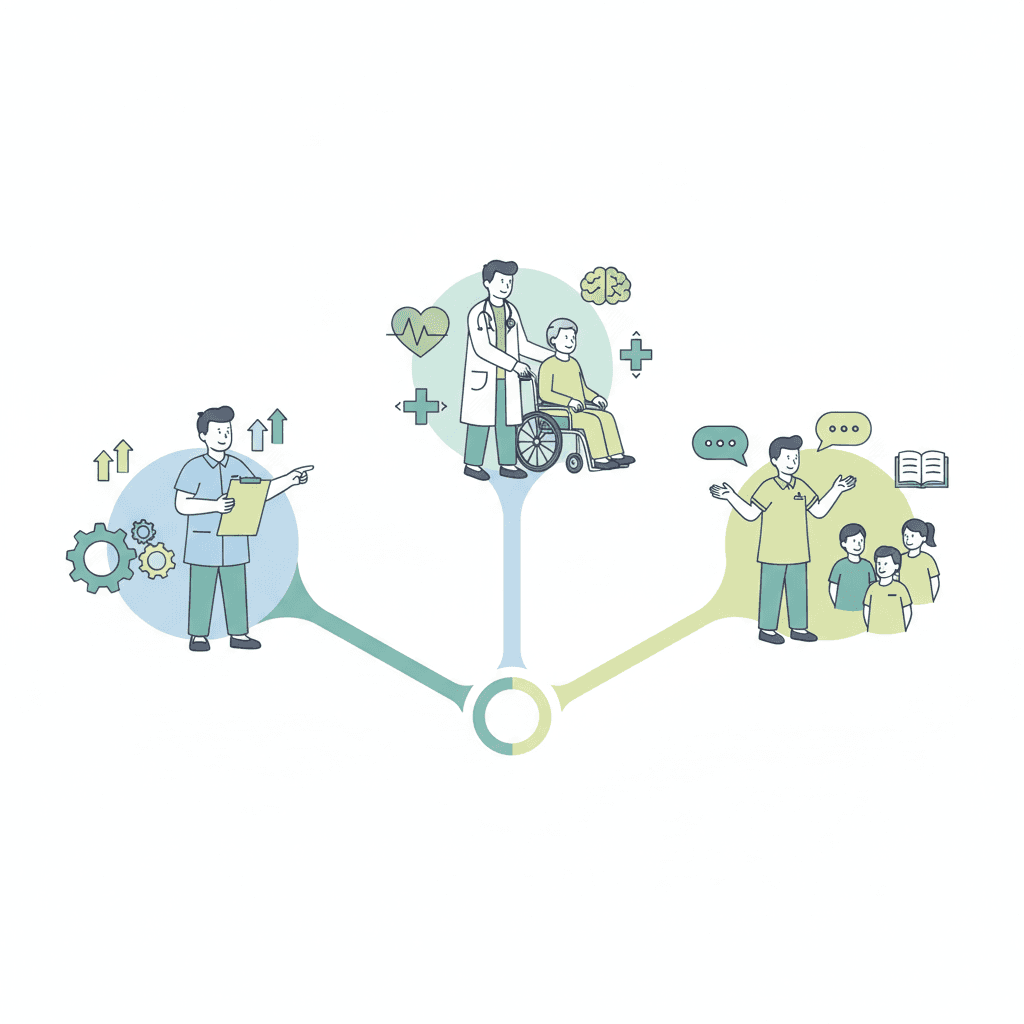 介護職の3つのキャリアルートを示す分岐する道のイラスト