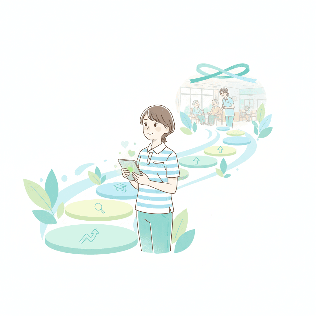 介護職のキャリアパスを象徴する、ステップアップしていく介護士のイラスト