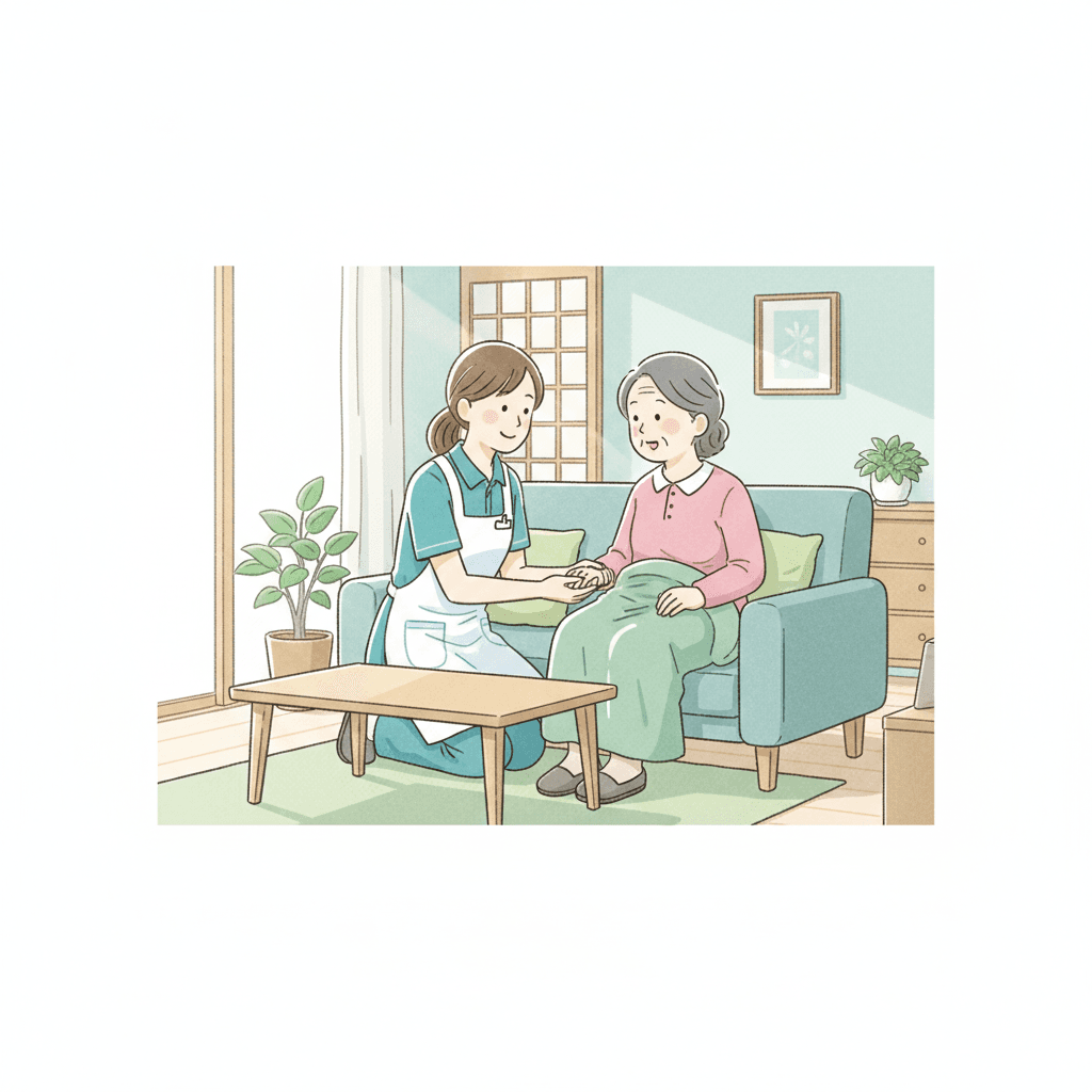 訪問介護員が利用者宅でサービスを提供するイラスト