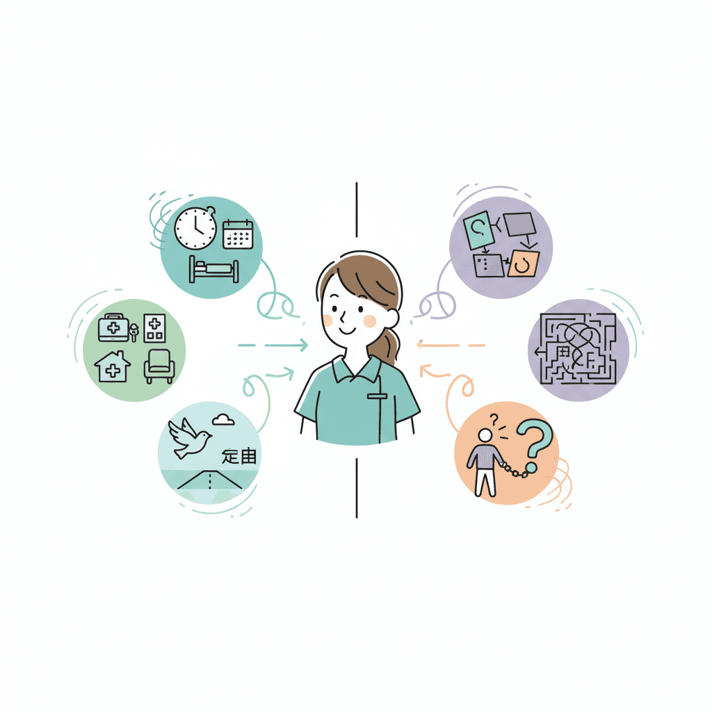 派遣介護士のメリットとデメリットを表すイラスト