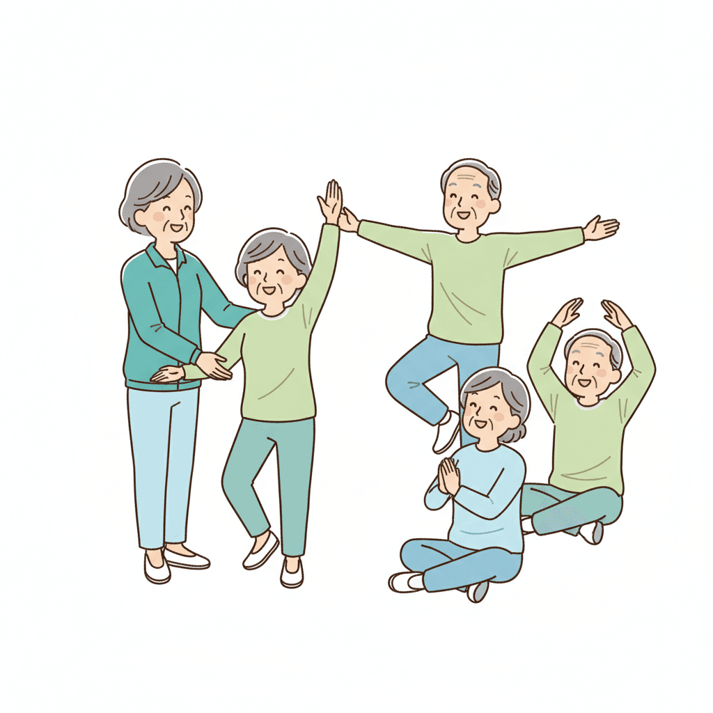 高齢者に運動指導を行う介護予防運動指導員のイラスト