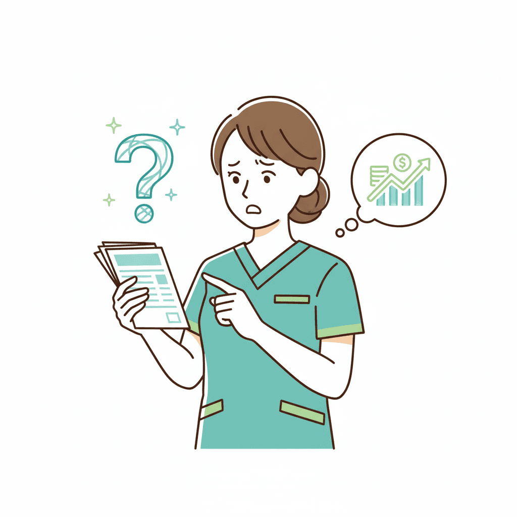 処遇改善加算について疑問を持つ介護職員のイラスト