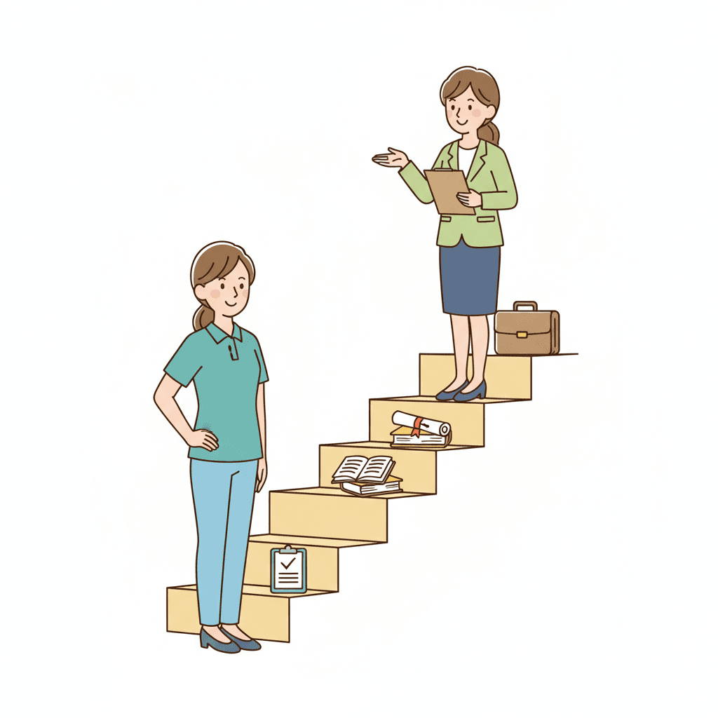 デイ生活相談員からケアマネジャーへキャリアアップする道のりを表すイラスト