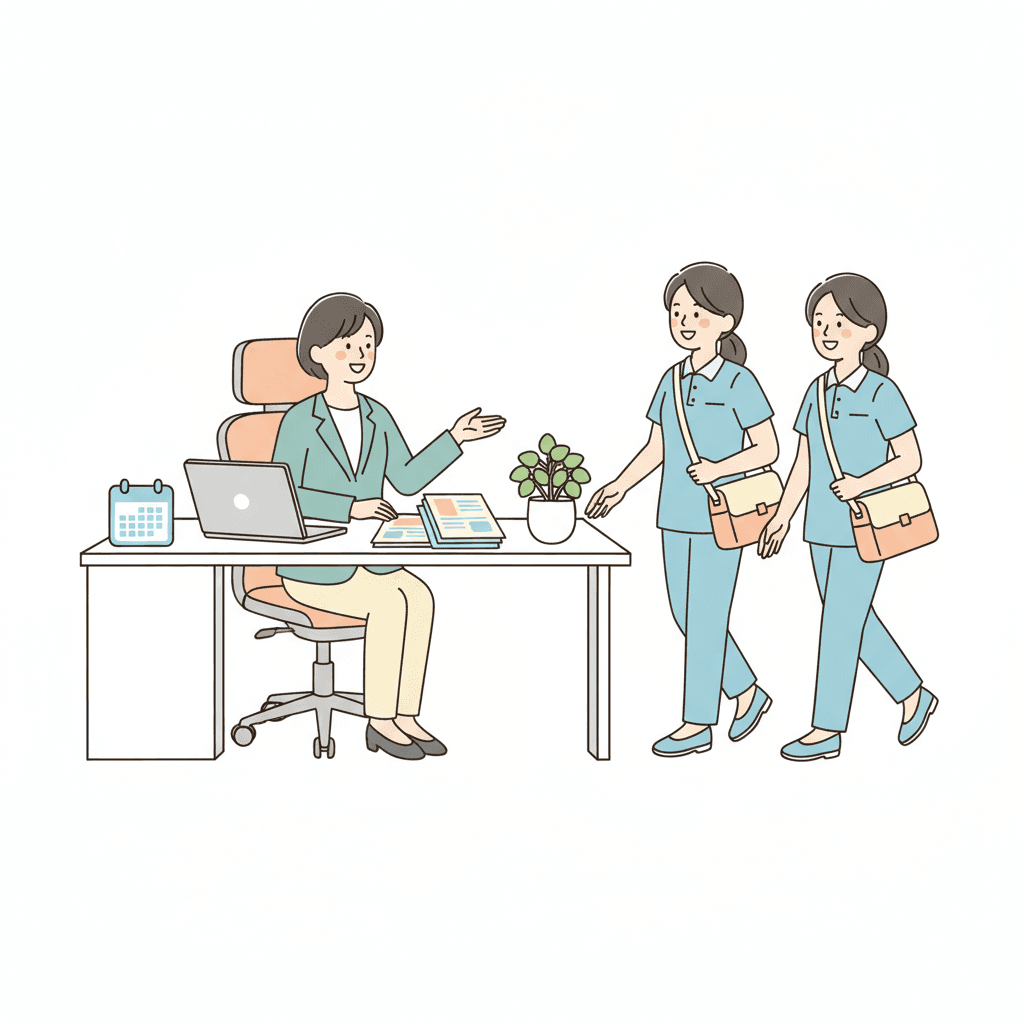 サービス提供責任者がヘルパーを指導している様子のイラスト