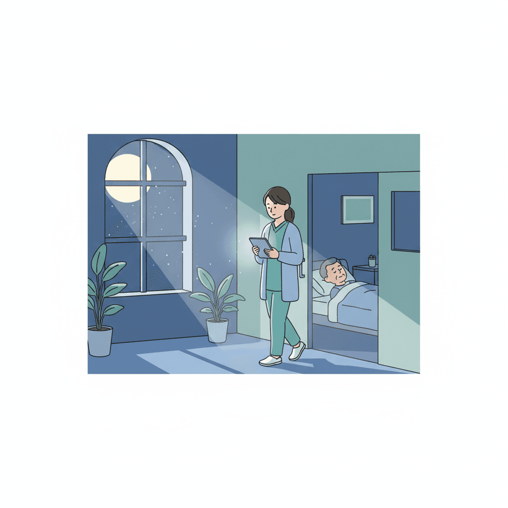 夜勤専従で働く介護職員のイラスト