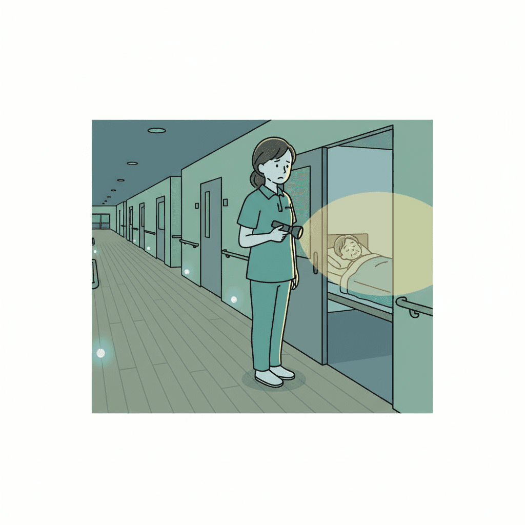 一人夜勤で巡回する介護職員のイメージイラスト