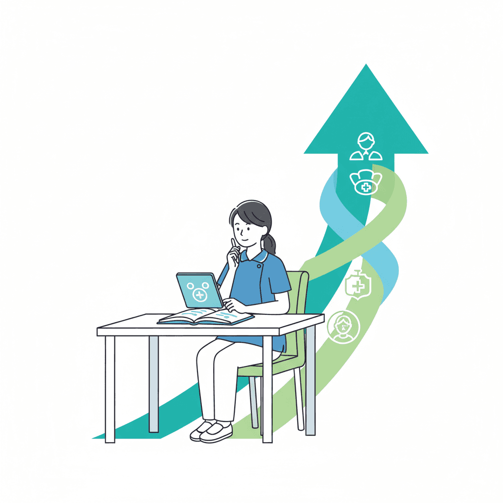 特養でボーナスアップを目指すキャリアアップのイメージイラスト