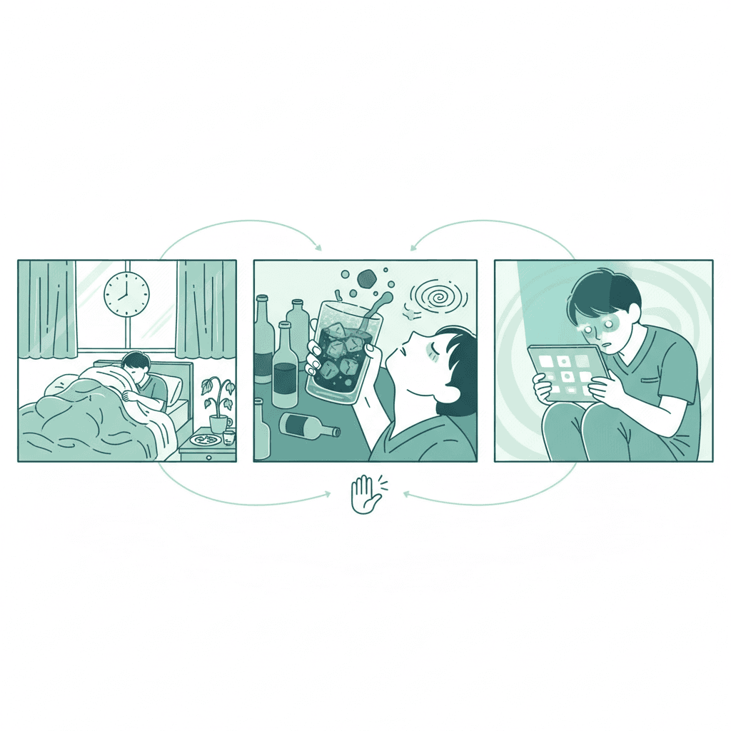 夜勤明けのNG行動のイラスト