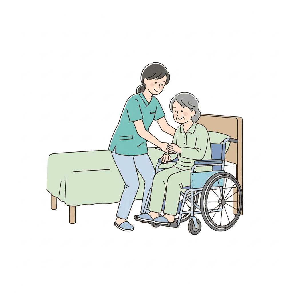 ボディメカニクスを使った正しい移乗介助のイメージイラスト