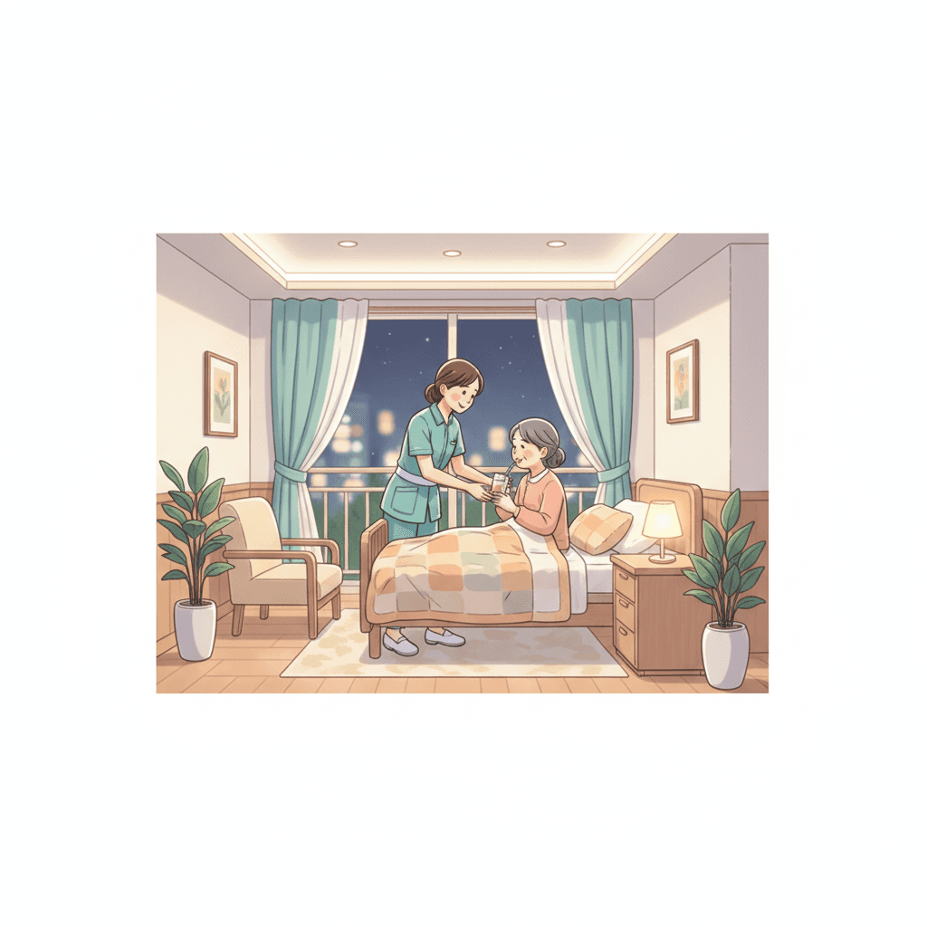 有料老人ホームで夜勤をする介護職員のイラスト