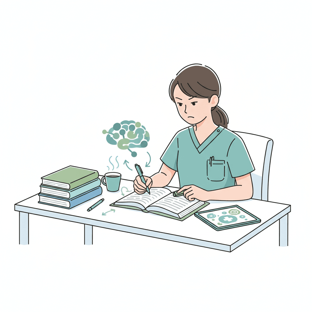 認知症ケア専門士の試験対策として勉強に取り組むイメージイラスト