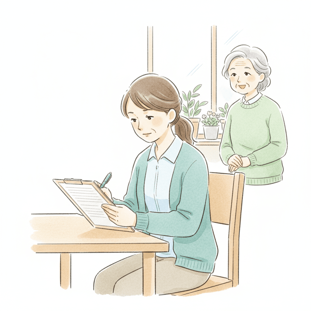 グループホームでケアプランを作成する計画作成担当者と入居者のイラスト