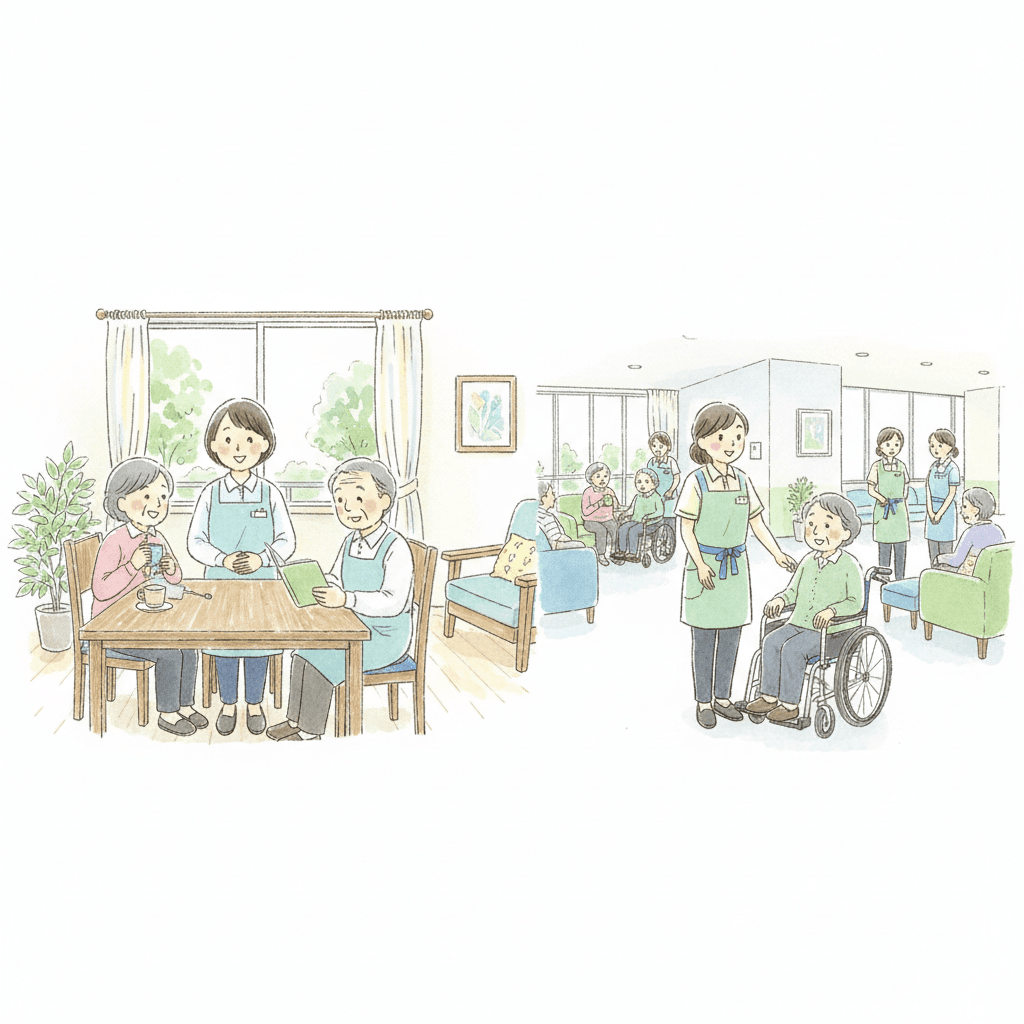 グループホームケアマネとユニット型特養ケアマネの働き方比較イラスト