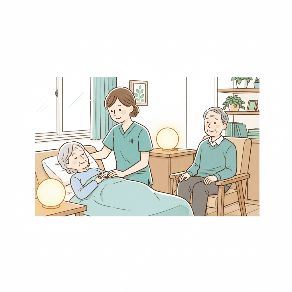 グループホームで1人夜勤をする介護職員のイラスト