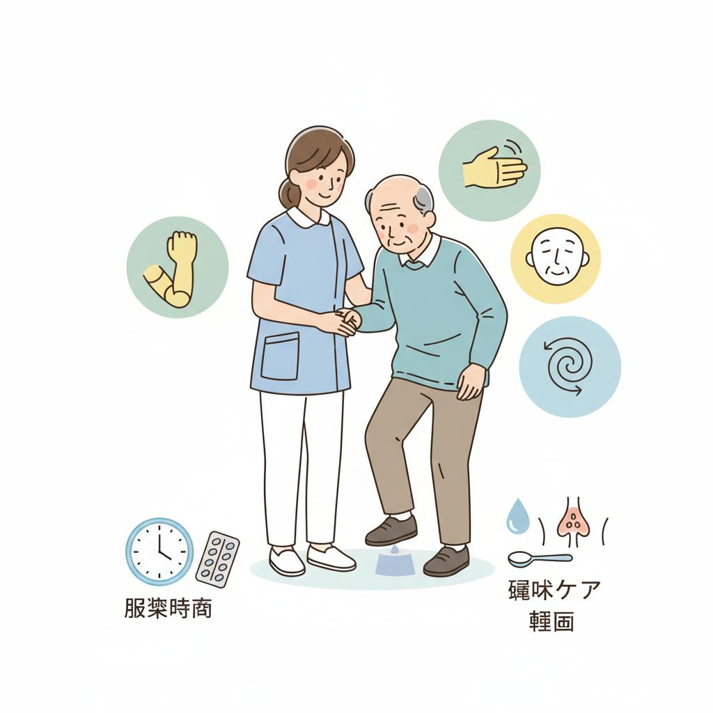 パーキンソン病の利用者の介護｜4大症状・すくみ足・服薬時間と転倒/嚥下ケア