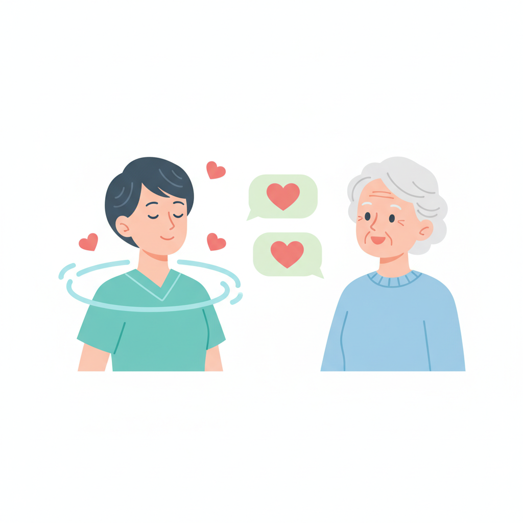 センタリングで心を落ち着け、認知症の方と目線を合わせて関わる介護職のイラスト