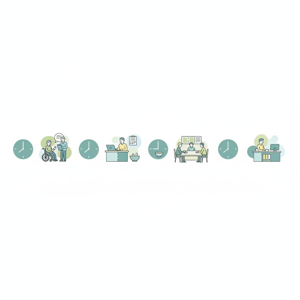 特養の施設ケアマネの1日の流れを示すイラスト