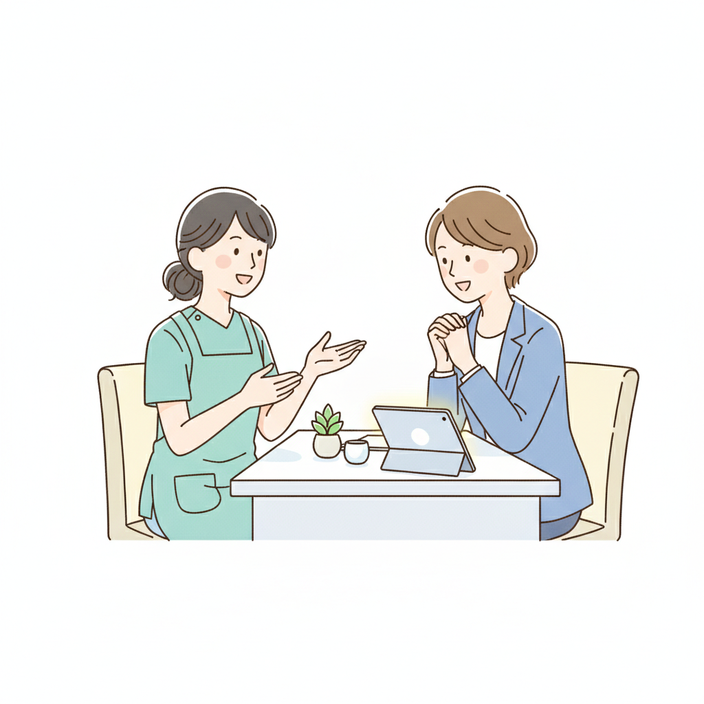 上司に人間関係の悩みを相談する介護職員のイメージイラスト